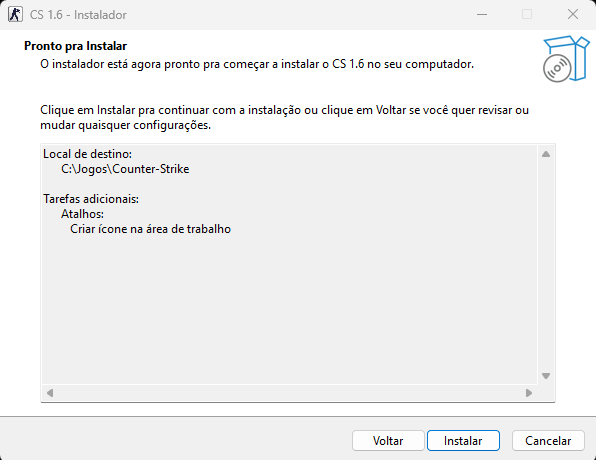 Instalador do CS 1.6 na tela Pronto pra Instalar