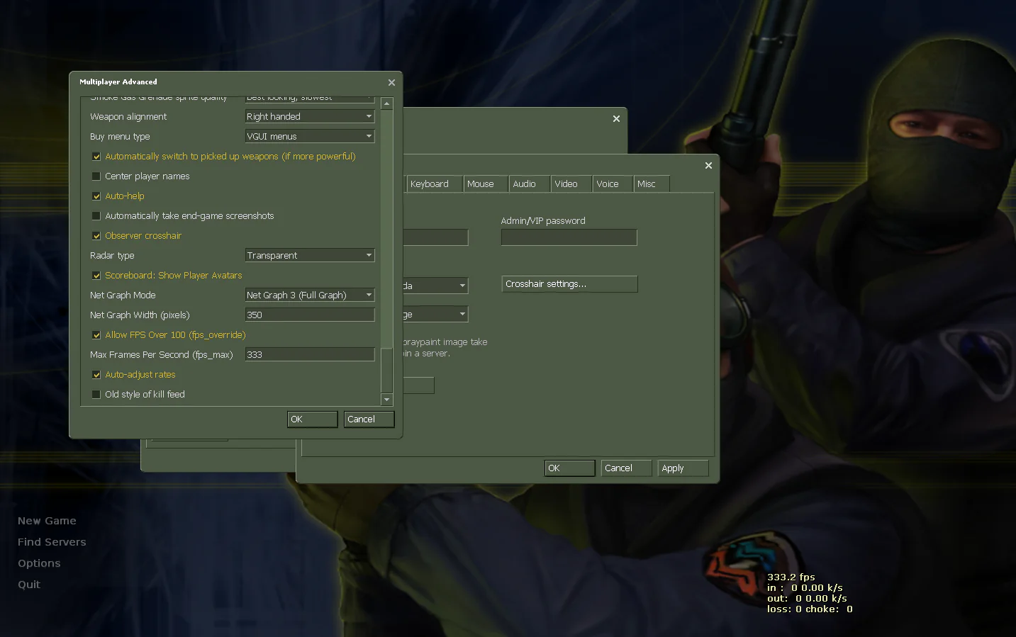Janela Multiplayer Advanced do CS 1.6 com FPS acima de 100, radar transparente e avatares no placar