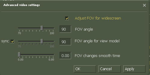 Janela Advanced video settings do CS 1.6 com a opção Adjust FOV for widescreen e FOV em 90