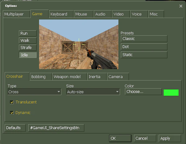 Opções de mira do CS 1.6 com prévia, tipo, tamanho e cor da mira
